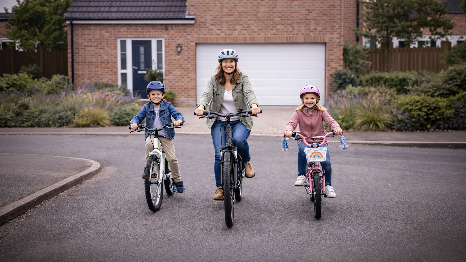 Mother and Children in front of Garage Door on UK Street