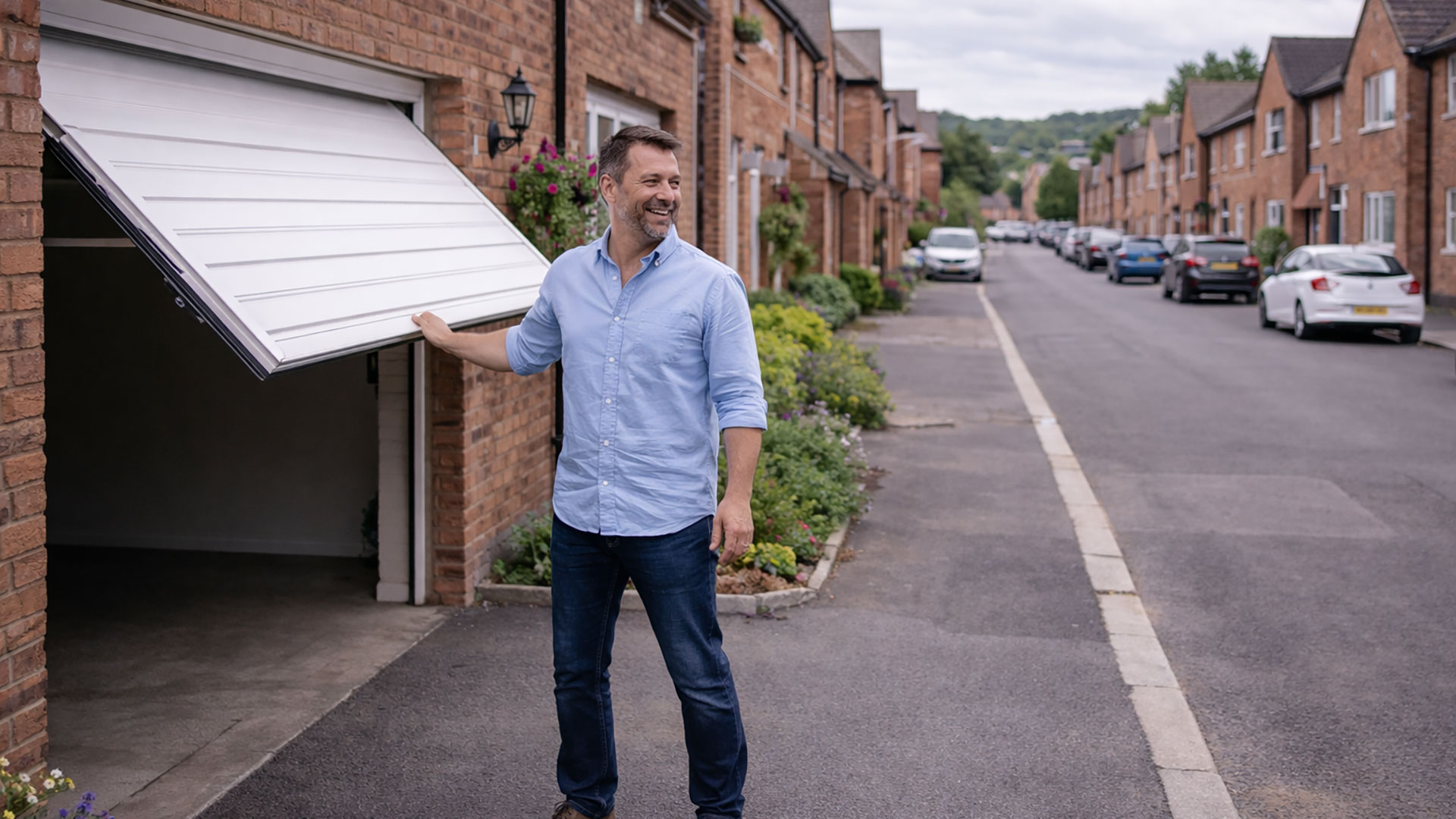 Man Opening Garage Door on a UK Street