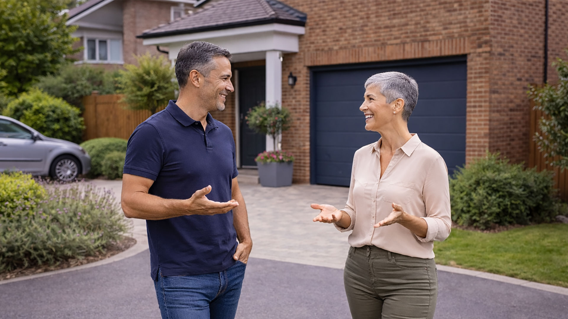 Man and Woman Talking in front of garage door