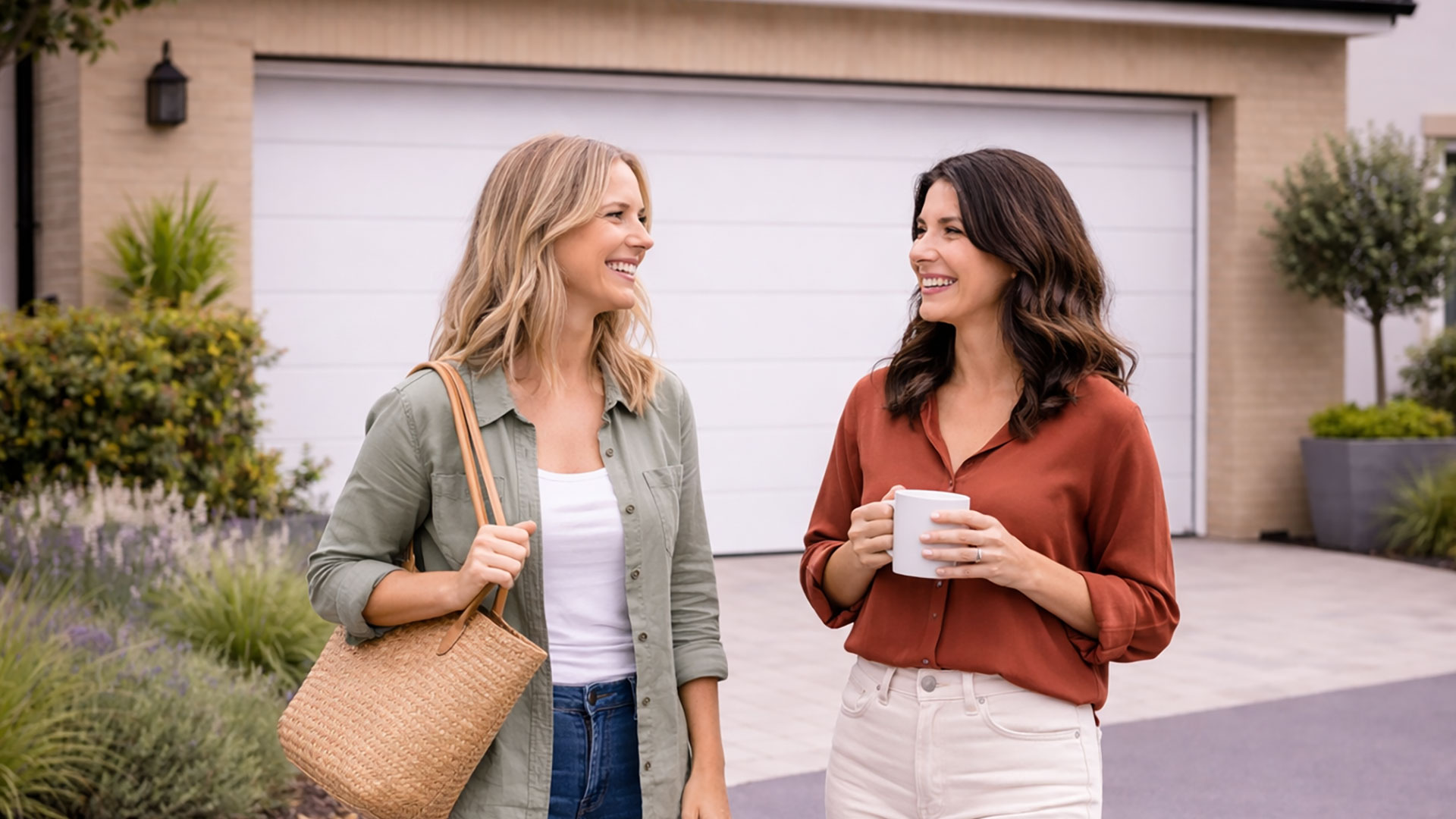 Two woman talking in front of moderen garage door