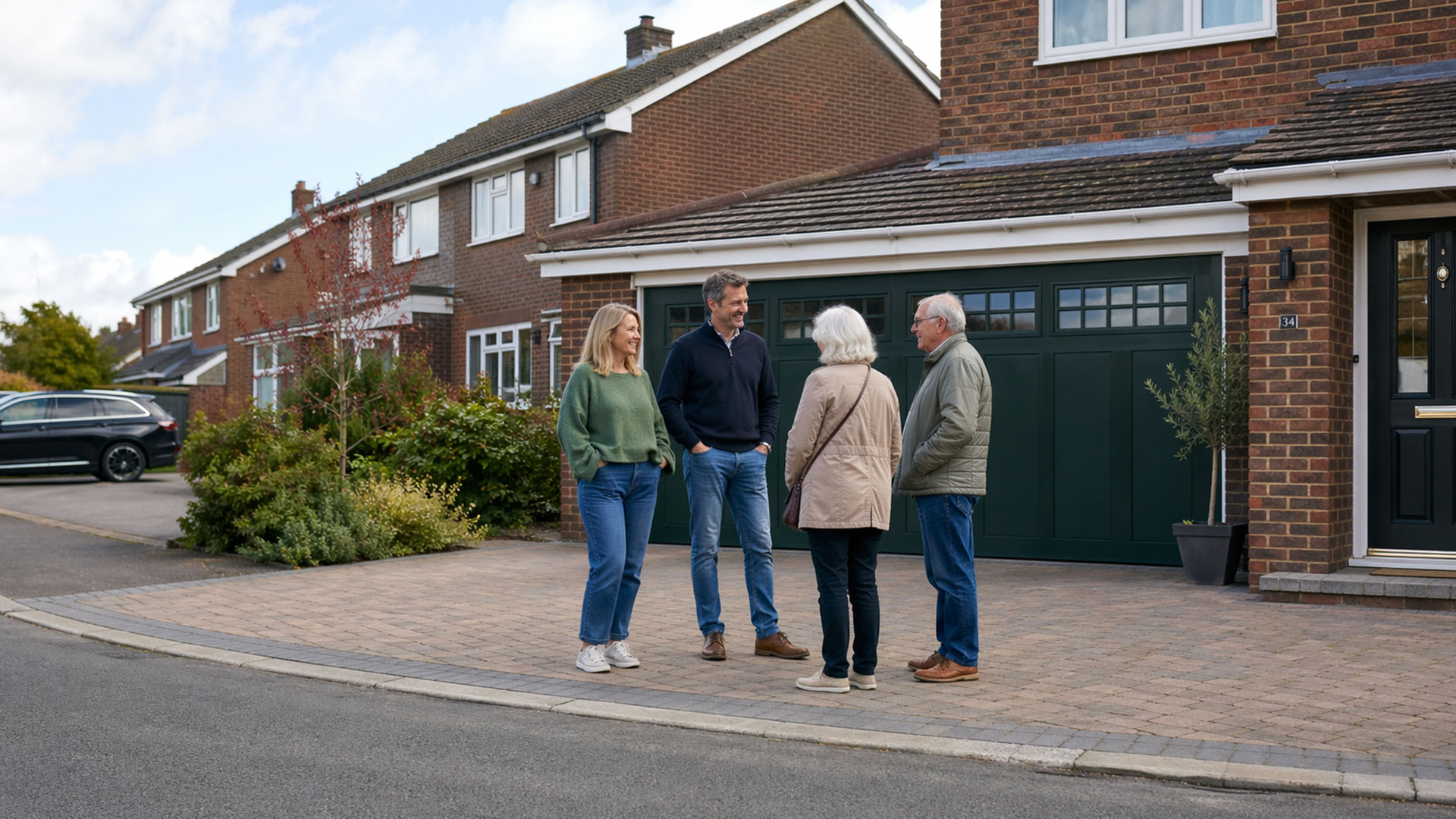 Neighbours chatting in front of Garage Door
