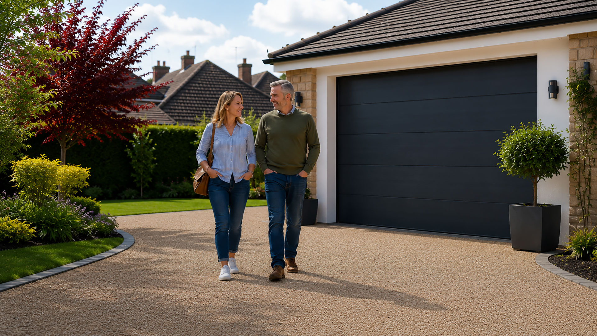 Middle Aged Couple in front of Garage Door